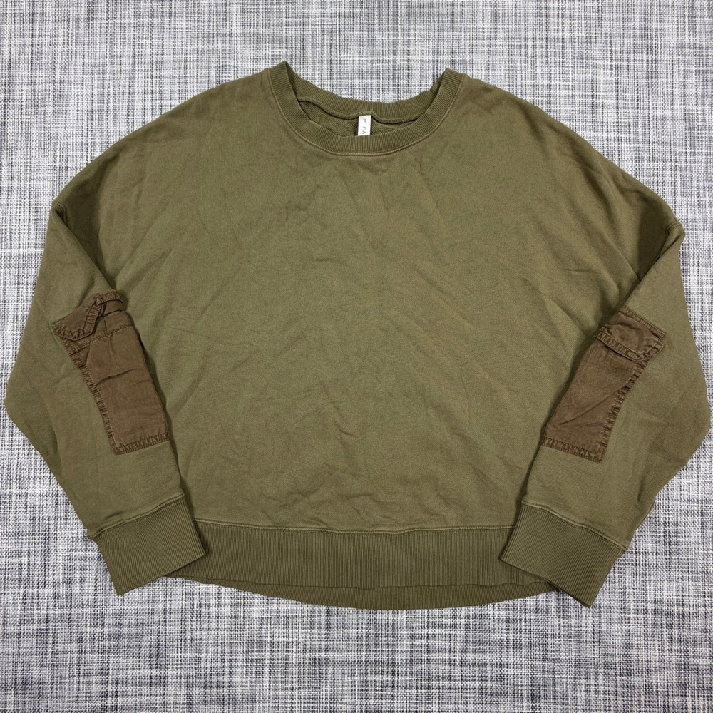 Fabletics Womens Sweatshirt Large Olive Green Sleeve Cargo Pockets Crewneck L